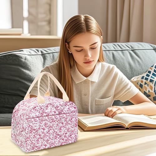 Cotton Quilted Insulated Lunch Bag, Reusable Quilted Floral Lunch Tote Bags