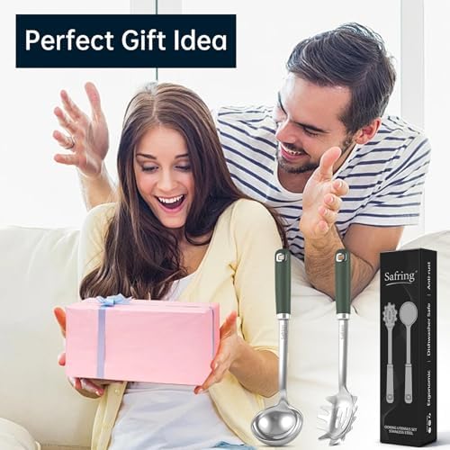 Safring Stainless Steel Soup Ladle and Spaghetti Spoon Set, Heat Resistant Rubber Handle, Dishwasher Safe, Kitchen Utensils for Cooking, Stirring, Serving Pasta, Soup & Sauce (Hunter Green)