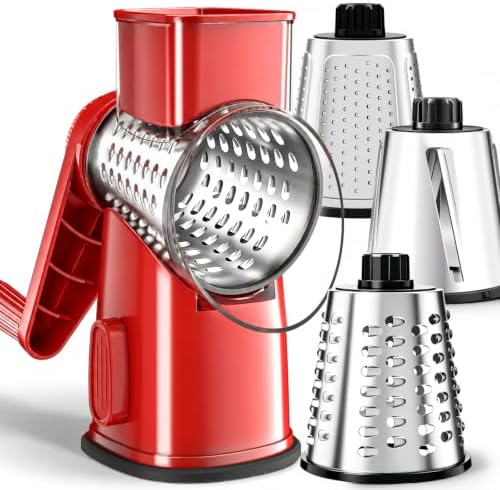 Weltonhm 4 in 1 Large Rotary Cheese Grater Hand Crank (red, 3 Graters)