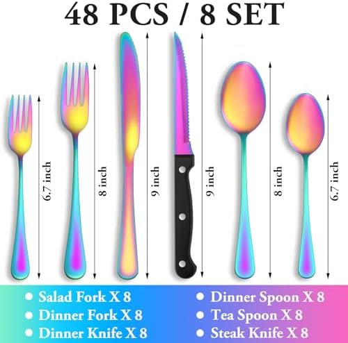 48 Pcs Rainbow Silverware Set with Steak Knives, Stainless Steel Flatware Cutlery Set for 8, Kitchen Tableware Sets, Utensil Sets for Home and Restaurant, Dishwasher Safe