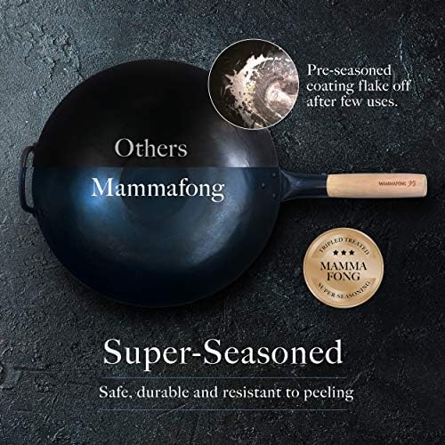 Pre Seasoned Blue Carbon Steel Flat Bottom Wok -14 Inch Chinese Pow Wok - Traditionally Hand Hammered Woks and Stir Fry Pans