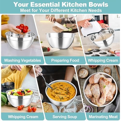 TeamFar Mixing Bowls Set, Stainless Steel Salad Bowl with Lids, Dark Blue