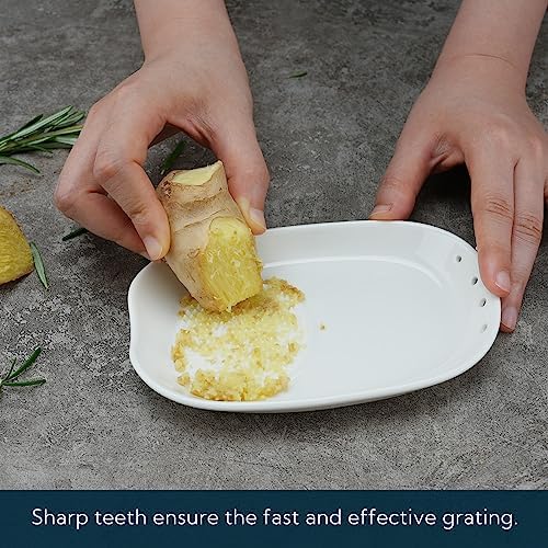 KITCHENDAO 3 in 1 Porcelain Ginger Grater Tool Spoon Rest Herb Stripper, 6.5 x 4.3 inches for Kitchen, Japanese Ceramic Garlic Grinding Wasabi Grater Plate Dish for Daikon Radish & Parmesan Cheese