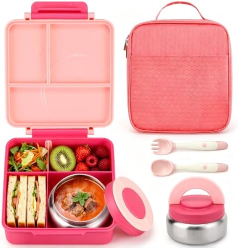 Bento Lunch Box for Girls with 8oz Soup Thermo & Lunch Bag, Leak-Proof Lunch Food Containers with 4 Compartment, Hot Food Insulated Food Jar for Kids School (Pink)
