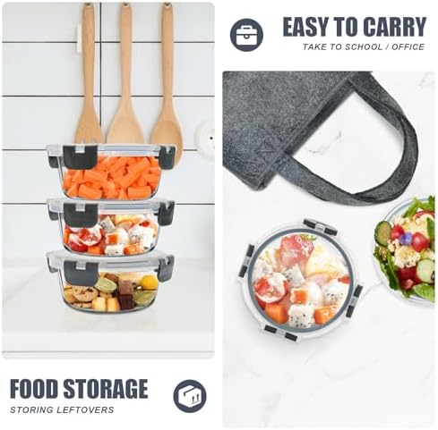 6 Pack 13oz Small Round Glass Meal Prep Containers with Airtight Lids