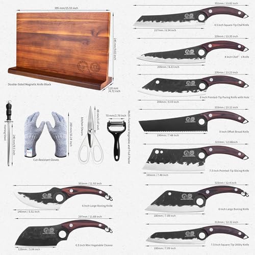 XYJ Knife Block Set, Full Tang Knives with Wood Magnetic Knife Block