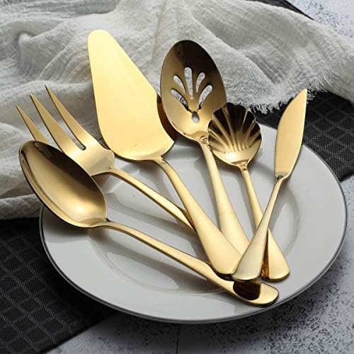 Berglander Stainless Steel Golden Titanium Plated Flatware Serving Set 6 Pieces, 5 Serving Pieces of 45 Pieces Flatware With 1 Cake Server, Serving Silverware Set (Shiny Golden)