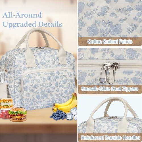 WOBAGMEN Quilted Lunch Box for Women, Insulated Lunch Bag for Adult,Cute Lunch Tote Bags for Work Picnic Travel (Blue Floral,M)