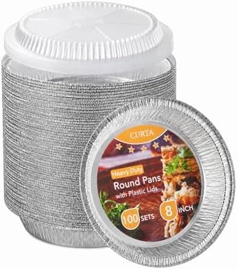 CURTA 8" Round Aluminum Foil Pans with Clear Lids | Heavy Duty | Great for Broiling, Baking, Storage, Roasting, Takeout, Air Fryer | 100 Pack