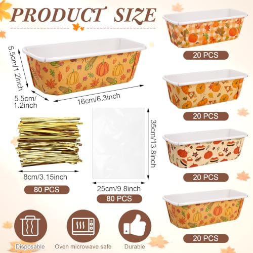 80 Sets Fall Paper Loaf Pan 6.3 x 2.2 x 2.2 Inch Disposable Mini Cake Pan with Clear Plastic Bags and Ties Rectangular Baking Mold for Thanksgiving Autumn Bread Brownies