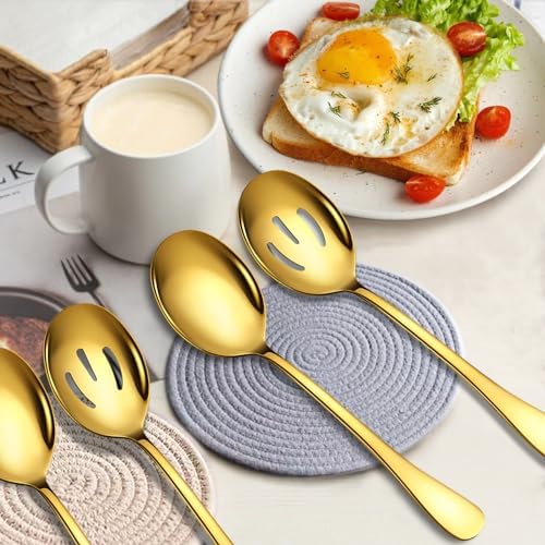 4 PCS Serving Spoons Set, 10-Inch, Includes 2 Large 2 Slotted Gold