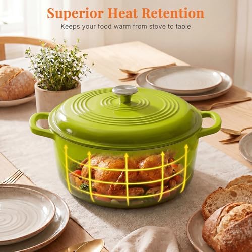 NEWBULIG Cast Iron Dutch Oven, 6 Quart Enamel Dutch Oven Pot with Lid, Heavy Duty Cookware for Sourdough Bread, Braising, Stews, Roasting, Safe up to 500°F, Green