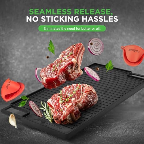 NutriChef Cast Iron Reversible Griddle 18x10 Inch – Pre-Seasoned Flat Top & Ridged Grill Side, Stove Top Griddle for Gas Grill, Outdoor & Indoor Cooking