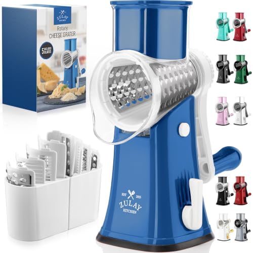 Rotary Cheese Grater Manual Hand Crank 5 Blade Shredder, Blue & White