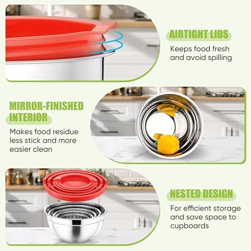 P&P CHEF Metal Mixing Bowls with Lids Set, Airtight Lids & Red