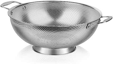 Tiawudi Large 6-Qt Colander, 18/8 Stainless Steel Mesh Strainer for Kitchen, Food Sieve with Riveted Handles and Self-draining Solid Ring Base, Great for Pasta, Rice, Vegetables and Fruits