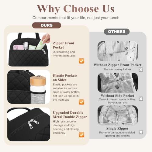 KUBYA Lunch Bag Lunch Box for Women Men Insulated Reusable Large Lunch Tote Bag Adult Leakproof Simple Cooler Bag for Office Work Picnic Beach or Travel, Black