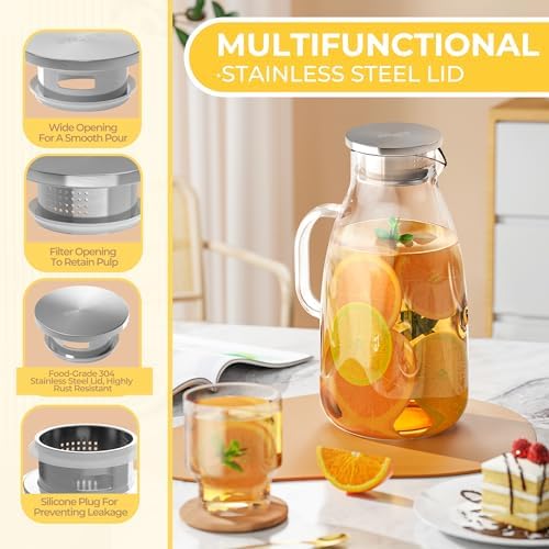 SUSTEAS 3 Liter 101 oz Glass Pitcher with Lid and Spout, Handmade Pitcher