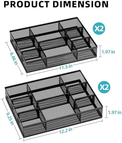 Marbrasse 2 Pack Desk Drawer Organizer, Mesh Drawer Organizer Tray with 8 Adjustable Compartments, Desk Organizers and Accessories, 5 Dividers Drawer for Office Supplies, Makeup & Vanity (Black-2P)