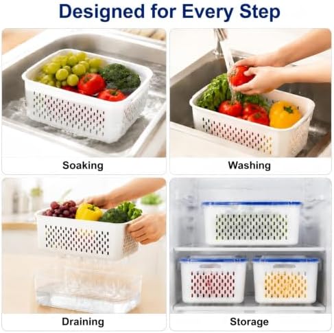3 Pcs Fruit Storage Containers for Fridge, Produce Storage Containers with Removable Colander Basket & Airtight Lid,food storage containers, for Fruits, Vegetables & Meat