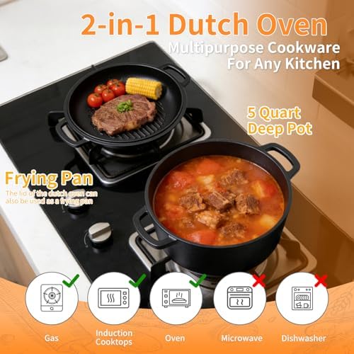 Pre-Seasoned Cast Iron Dutch Oven for Bread Baking - incl. Sourdough Bread-Baking Supplies like Proofing Basket, 2-in-1 Dutch Oven Pot with Skillet Lid and Dual Handles, Sour Dough Tools, Lame, 5QT