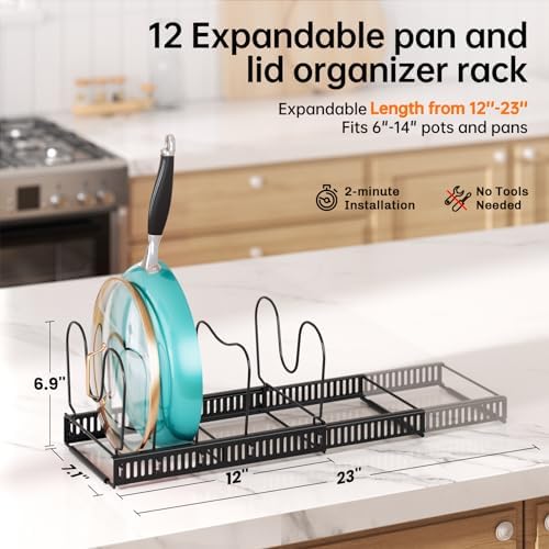 MUDEELA Expandable Pot Pan Lid Organizers inside Cabinet, 12 Divider-Black