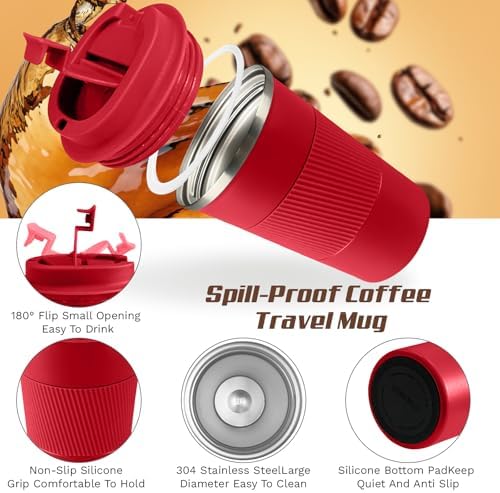 Vacuum Insulated Stainless Steel Travel Coffee Mug,Leak Proof Cup with Lid