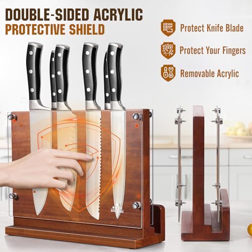 ENOKING Magnetic Knife Block with Acrylic Shield 12 x 9 Inches, Double Side Kitchen Knife Holder without Knives- Acacia Wood Universal Knife Storage Organizer with Powerful Magnet for Kitchen Counter
