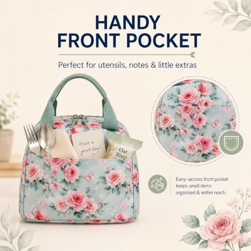 Bluboon Lunch Box for Women Cute Lunch Bag Reusable Insulated Lunch Bags Large Capacity Lunchbox Cooler for Work Picnic or Travel Gifts (Pink Rose Bow 282, 10 x 7.5 x 8 inches)