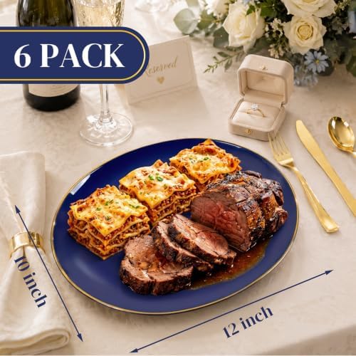 WDF 6PCS Oval Blue Plastic Plates - 10"x12" Navy Blue and Gold Plastic Platters - Heavy Duty Oval Disposable Serving Trays for Parties/Birthday/Weddings/Catering/BBQ