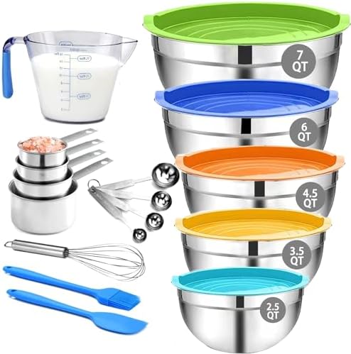 MIKULA Mixing Bowls Set, 22PCS Large Stainless Steel Mixing Bowl with Lids Set, Large Nesting Bowls 7/6/4.5/3.5/2.5QT, Measuring Cups and Spoons Baking Storage Metal Bowl for Kitchen Prep Supplies