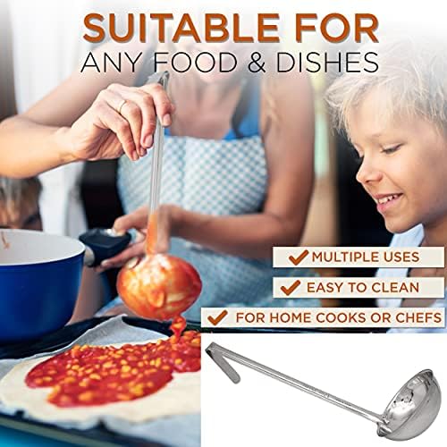 Fit Meal Prep Stainless Steel Soup Ladle - One-Piece Sauce Spatula with Hook Handles, Commercial Grade Serving Spoon, Kitchen Tool for Restaurant or Home Cooking, 14.75” Long - [Pack of 2] 12 Oz