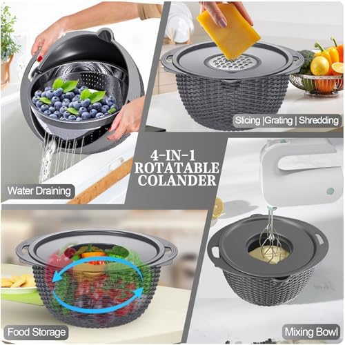 4-1 Colander with Lid Set - Rotatable Strainer With Bowl(Patented), Pasta Strainer with New Upgraded Graters, Strainer And Colanders, Fruit Cleaner, Veggie Wash, Apartment Kitchen Gadgets - Grey