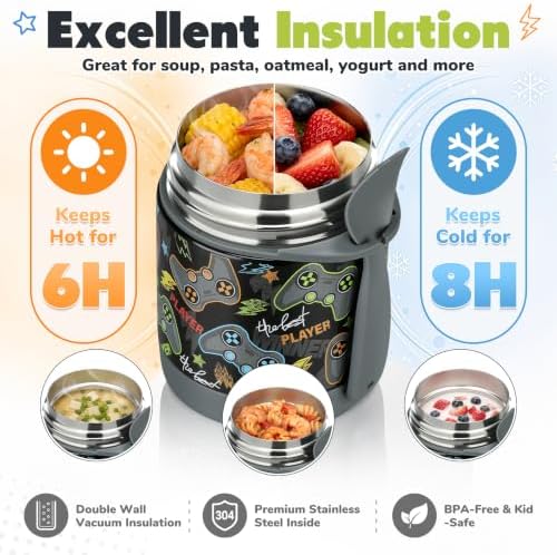10oz Soup Thermo for Hot Food Kids,Lunch Thermo Kids Food Jar with Spoon Hot Insulated Food Containers,Leak Proof Stainless Steel Wide Mouth Lunch Food Thermo Jar for School(Black-Game Console)