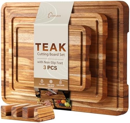3 Pack Teak Cutting Board Set for Kitchen Wood Charcuterie Board with Juice Groove Wooden Cutting Boards Non Toxic Heavy Duty Slip Over Sink Solid Thick Chopping Board FSC