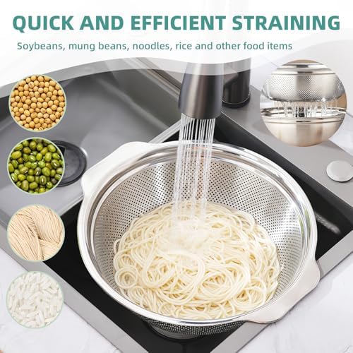 Colander for Kitchen Microporous, 5QT Strainer with Mixing Bowl Large Capacity, Stainless Steel Colander with Handle for Washing Vegetables, Fruit, Rice and Draining Cooked Pasta(2PC)