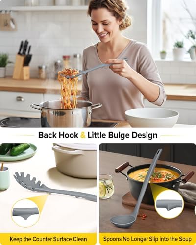 BUNDLEPRO Silicone Soup Ladle and Pasta Spoon Set, One-Piece, 2 Pack, Gray