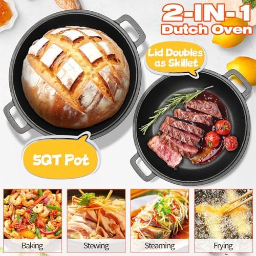 5 Qt Cast Iron Dutch Oven for Bread Baking, 2-in-1 Dutch Pot