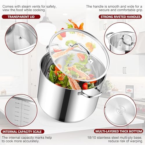 Herogo 24-Quart 18/10 Stainless Steel Stock Pot with Lid, Large Heavy Duty Soup Pot Compatible with Electric, Gas, Induction and Gas Cooktops, Non-Toxic & Corrosion Resistant, Dishwasher Safe