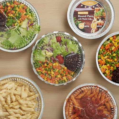 CURTA 7" Round Aluminum Foil Pans with Clear Lids | Heavy Duty | Great for Broiling, Baking, Storage, Roasting, Takeout, Air Fryer | 30 Pack