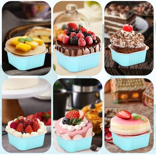 60Pack 5oz Blue Mini Cake Pans with Lids and Spoons Baking Cups Aluminum Foil Pans Tins, Individual Dessert Cups Containers for Sales,Party,Picnics