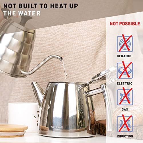VeoHome Stainless Steel Tea Pot with Infuser - Keeps Heat Thanks to its Double Wall, Silver (1 Liter (34 oz))…