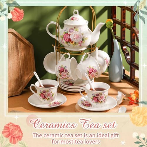 Zhehao 20 Pcs Porcelain Tea Set for Adult, with Metal Holder, Modern