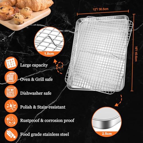 Jelly Roll Pan with Cooling Rack, Leonyo Baking Sheet Pan with Wire Rack, Commercial Stainless Steel & Nonstick Large Cookie Sheet Trays for Oven Cooking, Size 16 x 12 Inch (2 Trays + 2 Racks)
