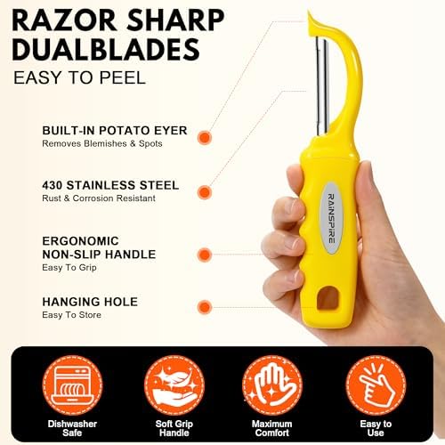 Rainspire Vegetable Peeler Potato Peelers for Kitchen, Sharp Stainless Steel Blades Veggie, Comfortable Handle Fruit Peeler, Carrot Peeler Apple Peeler Dishwasher Safe, Yellow, 2-Pack