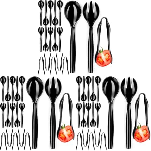 18 Pcs Black Plastic Serving Utensils Set – Heavy Duty Disposable Serving Spoons, Forks & Tongs | 10″ Serving Spoons for Buffet, Party, Catering, Wedding | Reusable, BPA-Free (Pack of 3)