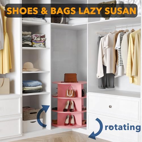 SpaceAid 3 Tier Rotating Shoe Rack Tower, Spinning Shoe Display Lazy Susan, Revolving 360 Shoe Rack Storage Round Carousel, Vertical Handbag Rotate Shoes Closet Organization (3-Tier Pink)