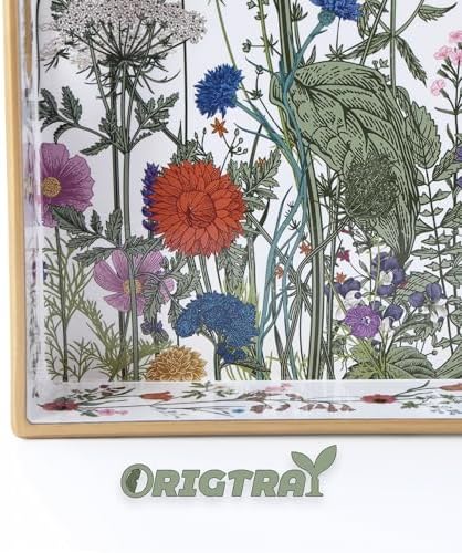 Serving Tray with Handles, Rectangular Plastic Tray 15.75x11.81 Inch, Wildflower, Butterflies & Hummingbirds Style Decorative Tray for Kitchen, Dining Table, Vanity, Office & Home