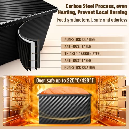 3 Pack Pullman Loaf Pans, Bread Pans with Lids, Black