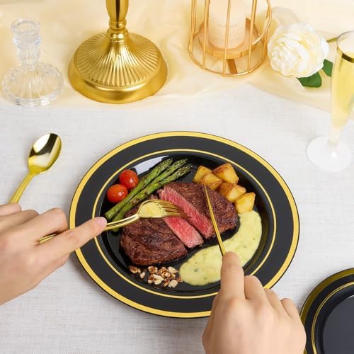 BESTVIP 200PCS Black Plastic Plate with Gold Rim